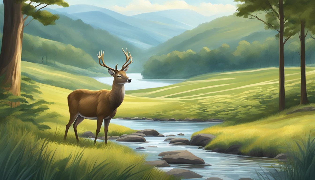 A sika deer grazing peacefully in a lush forest clearing, with a backdrop of rolling hills and a serene river flowing nearby