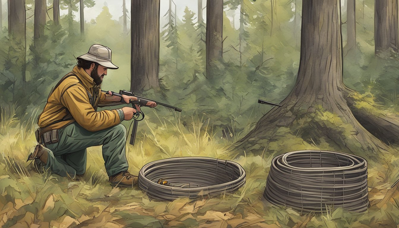 A hunter setting up a trap in a wooded area during skunk hunting season