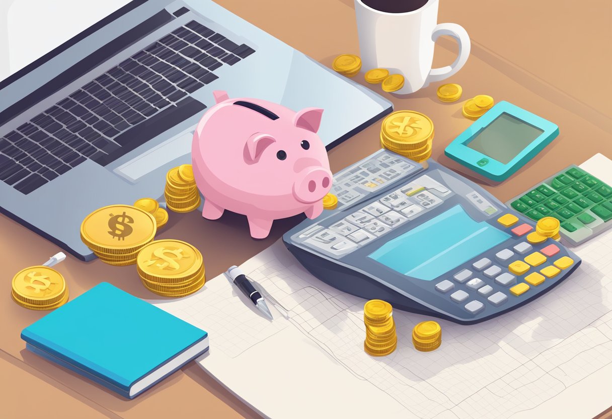 A desk with a laptop, calculator, and notepad. A graph showing income and expenses. A piggy bank and coins