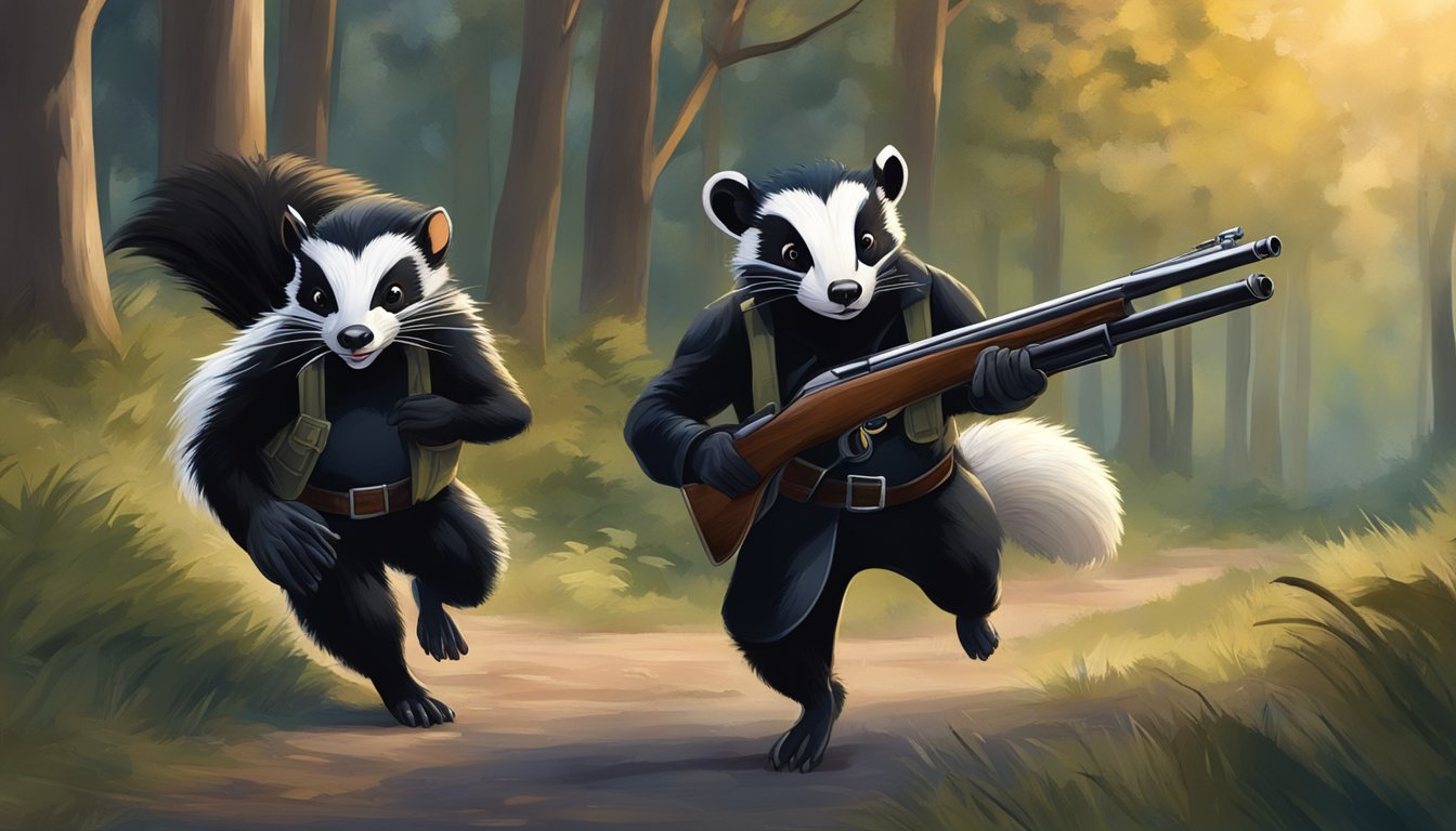 A skunk is being pursued by a hunter with a shotgun in a wooded area at dusk