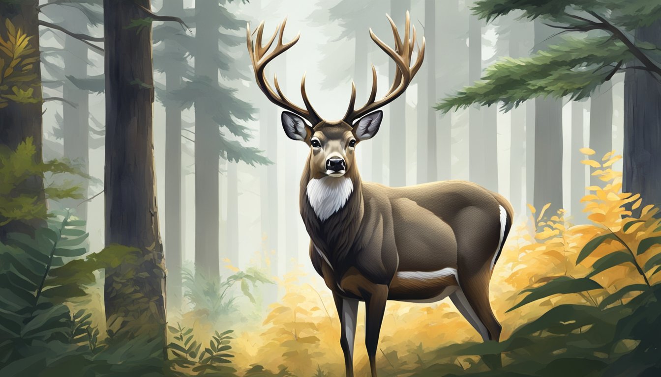 A Sitka deer stands alert in a dense forest, surrounded by tall trees and lush vegetation. The hunting season is evident in the cautious yet graceful movement of the deer