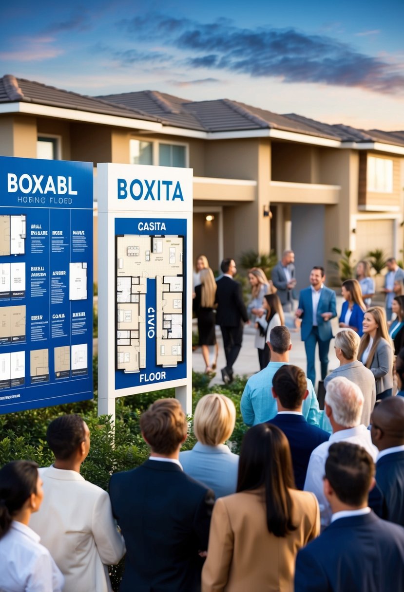 A bustling housing market with Boxabl Casita floor plans on display, surrounded by eager homebuyers and real estate agents