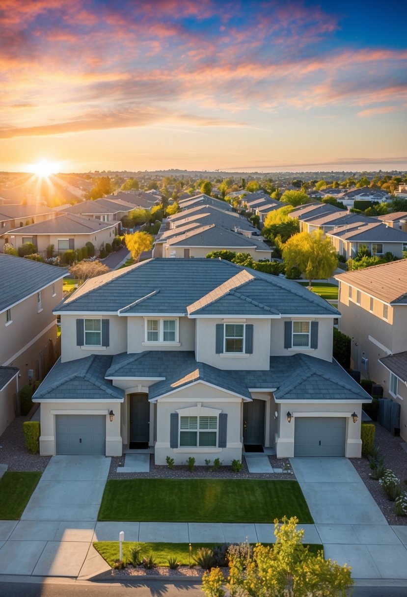 A sunny suburban neighborhood with multiple homes featuring Boxabl casita floor plans