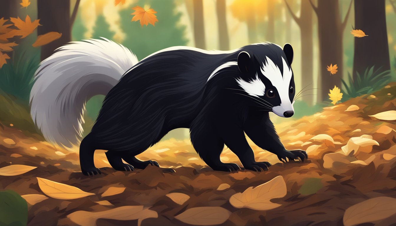 A skunk forages for food in a forest clearing, surrounded by dense foliage and fallen leaves. The sun sets in the background, casting a warm glow over the scene