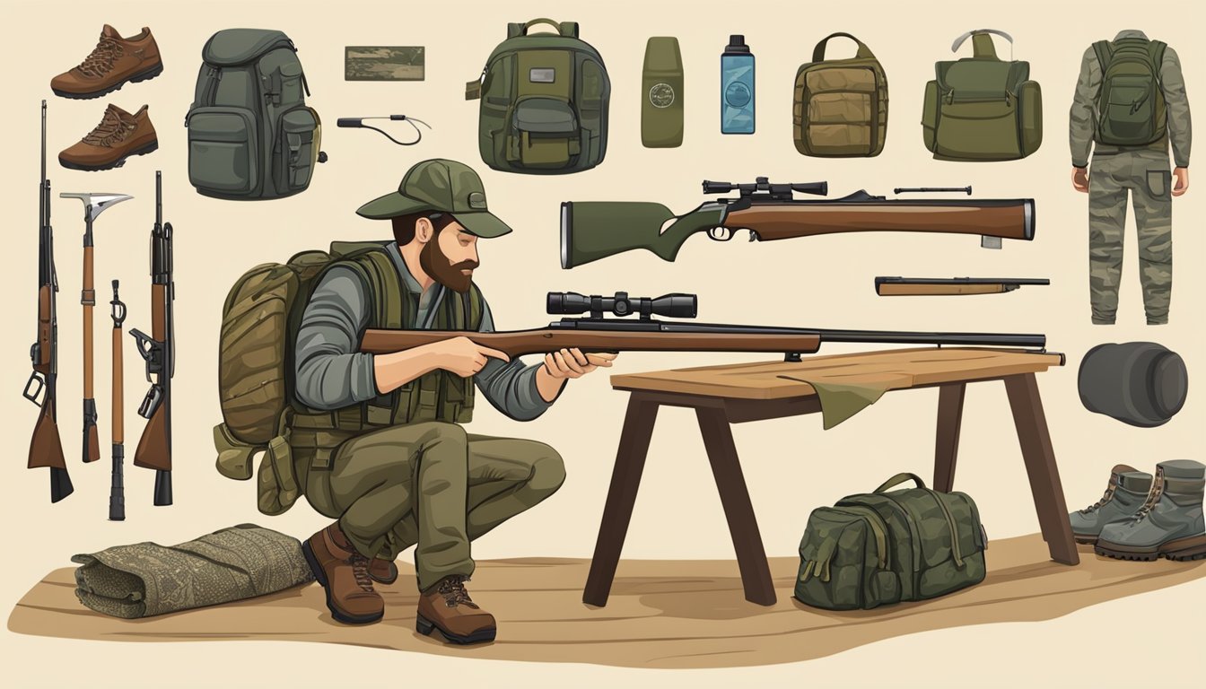 A hunter prepares gear for a Sitka deer hunting trip: rifle, camouflage clothing, backpack, and map spread out on a wooden table