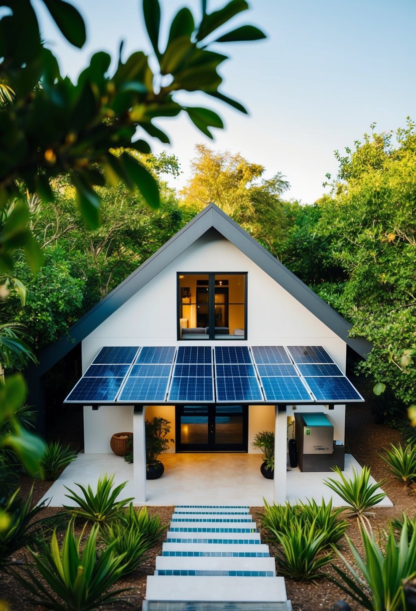 A modern, eco-friendly casita surrounded by lush greenery and solar panels, with a focus on sustainable materials and minimal environmental impact