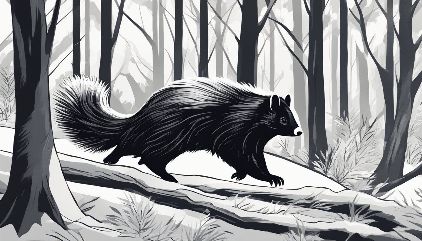 A skunk cautiously prowls through a moonlit forest, its black and white fur blending into the shadows