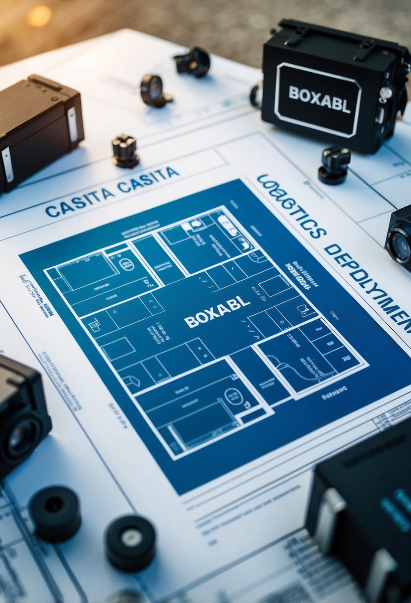 A blueprint of the Boxabl Casita floor plan with logistics and deployment equipment scattered around