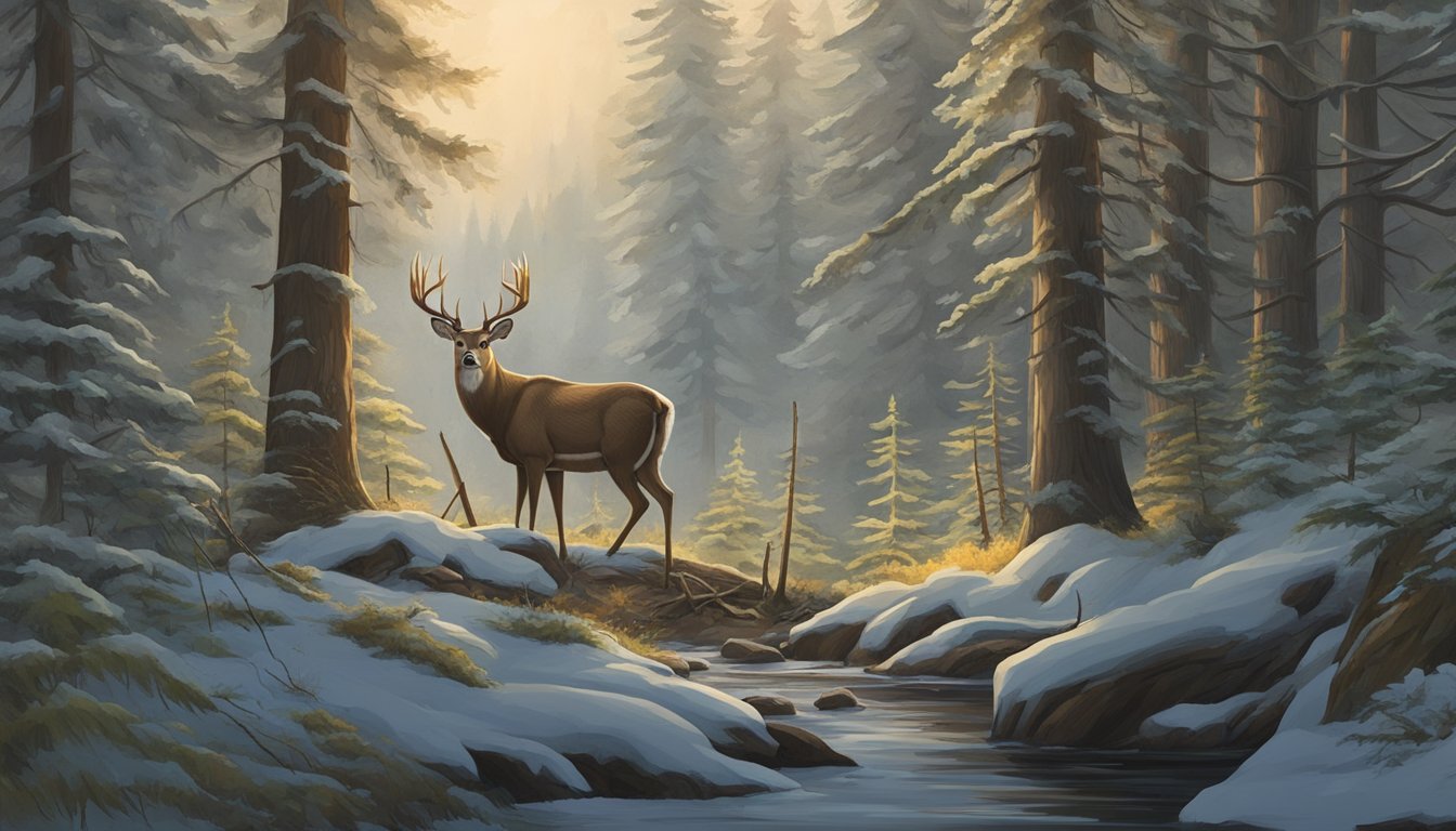 A Sitka deer cautiously approaches a hunter's blind in the dense Alaskan forest during hunting season. The hunter waits patiently, ready to employ their strategies for success