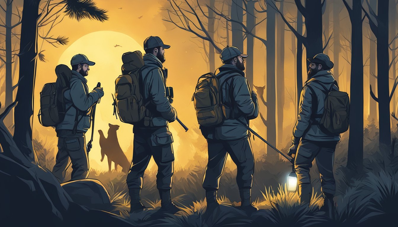 A group of hunters gather in the woods at night, holding bags and flashlights, eagerly searching for snipes during hunting season