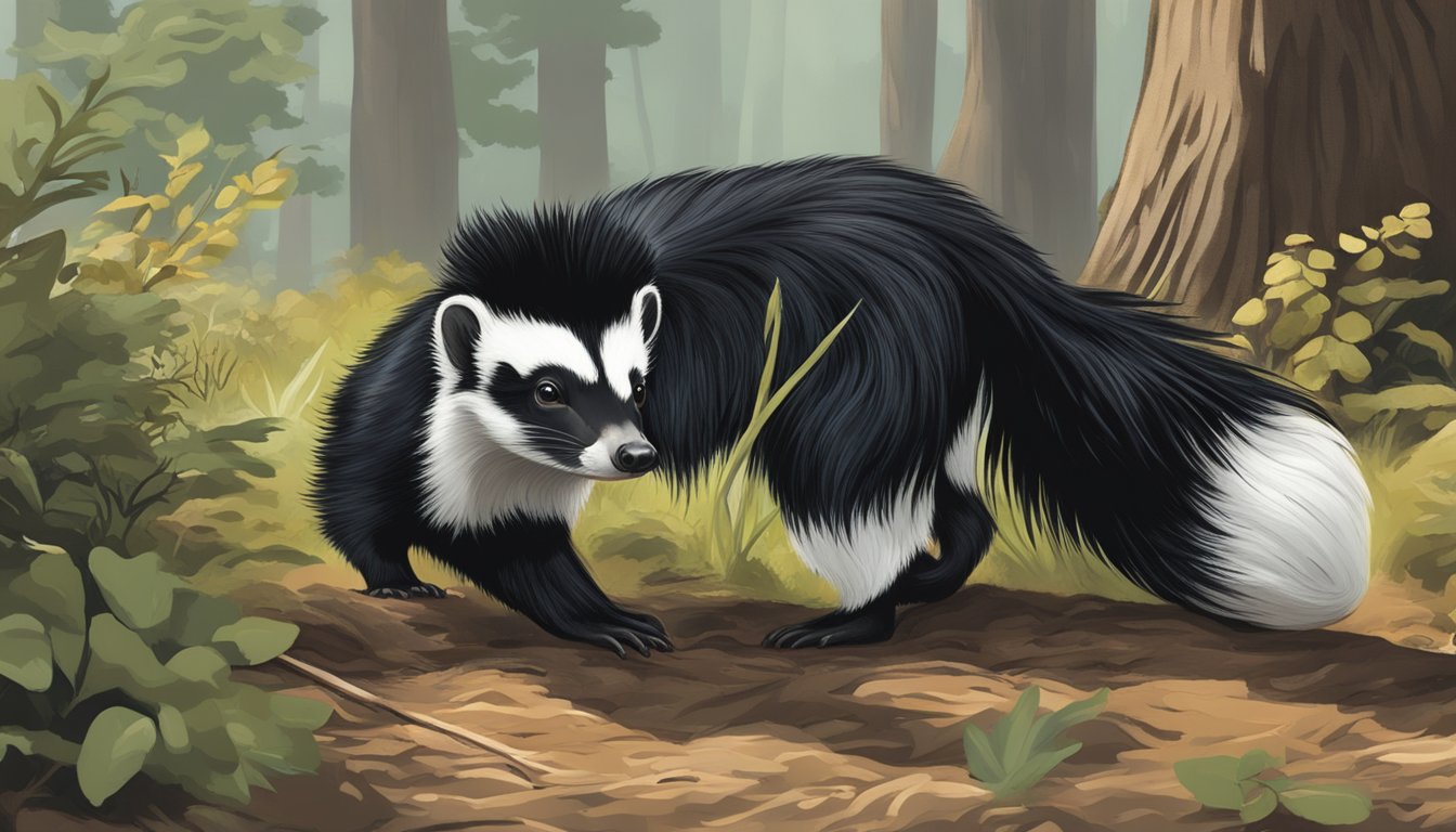 A skunk cautiously emerges from its den, sniffing the air as hunters approach with caution