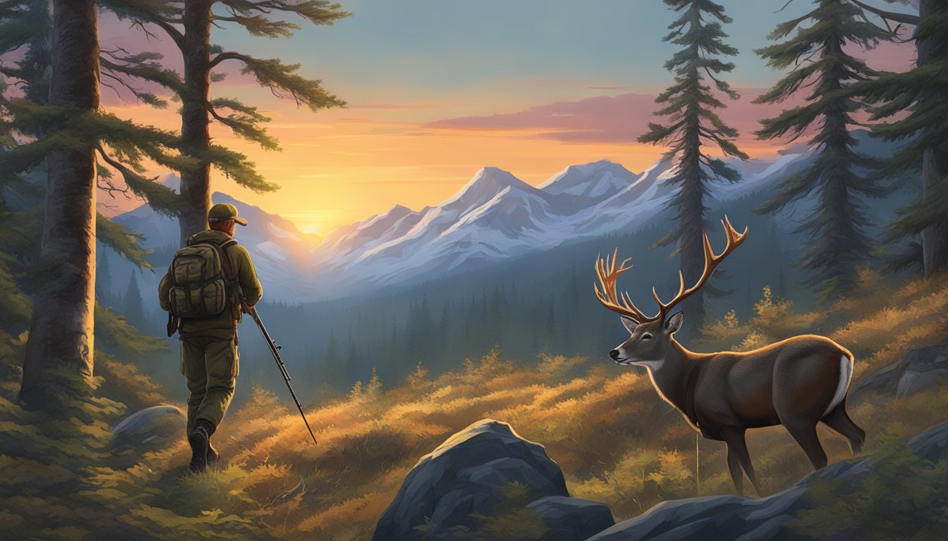 A hunter tracking a sitka deer through a dense forest, rifle in hand, as the sun sets behind the mountains