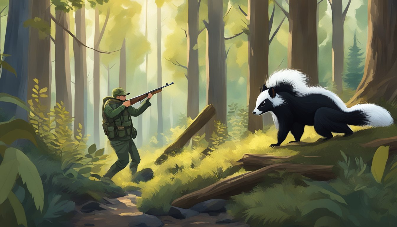 A skunk hunting season scene: A dense forest with a hunter aiming a rifle at a skunk, surrounded by trees and wildlife