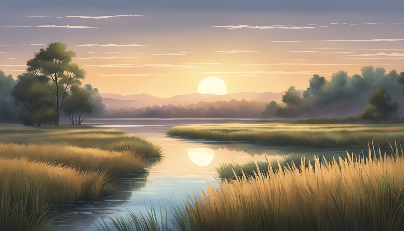 A serene marshland at dawn, with tall grasses and a calm stream, surrounded by trees and distant hills