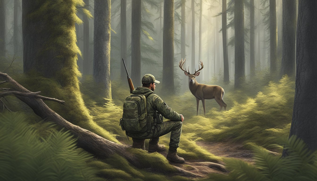 A hunter in camouflage gear quietly waits in a dense Sitka deer forest, with tall trees and thick underbrush surrounding them