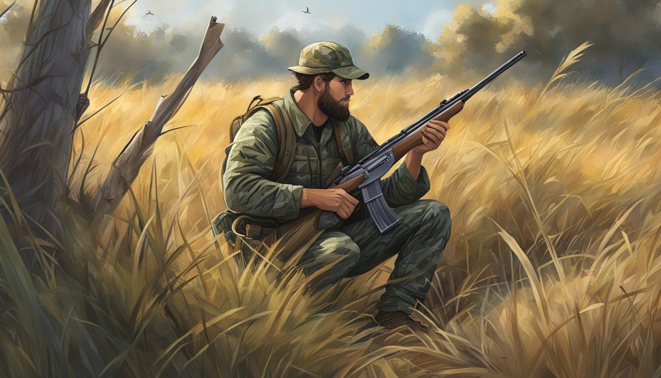 A hunter crouches in tall grass, holding a camouflaged rifle. A decoy snipe sits nearby, surrounded by scattered calls and traps