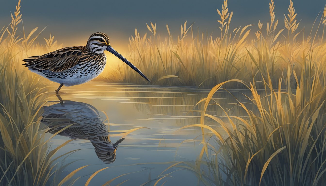 A snipe camouflaged in tall grass, foraging for food near a marsh at dusk