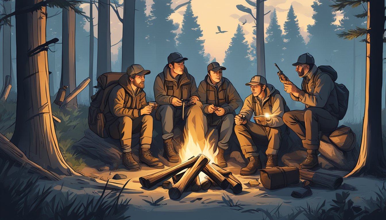 A group of people gathered around a campfire in the woods, holding flashlights and bags, searching for snipes during hunting season