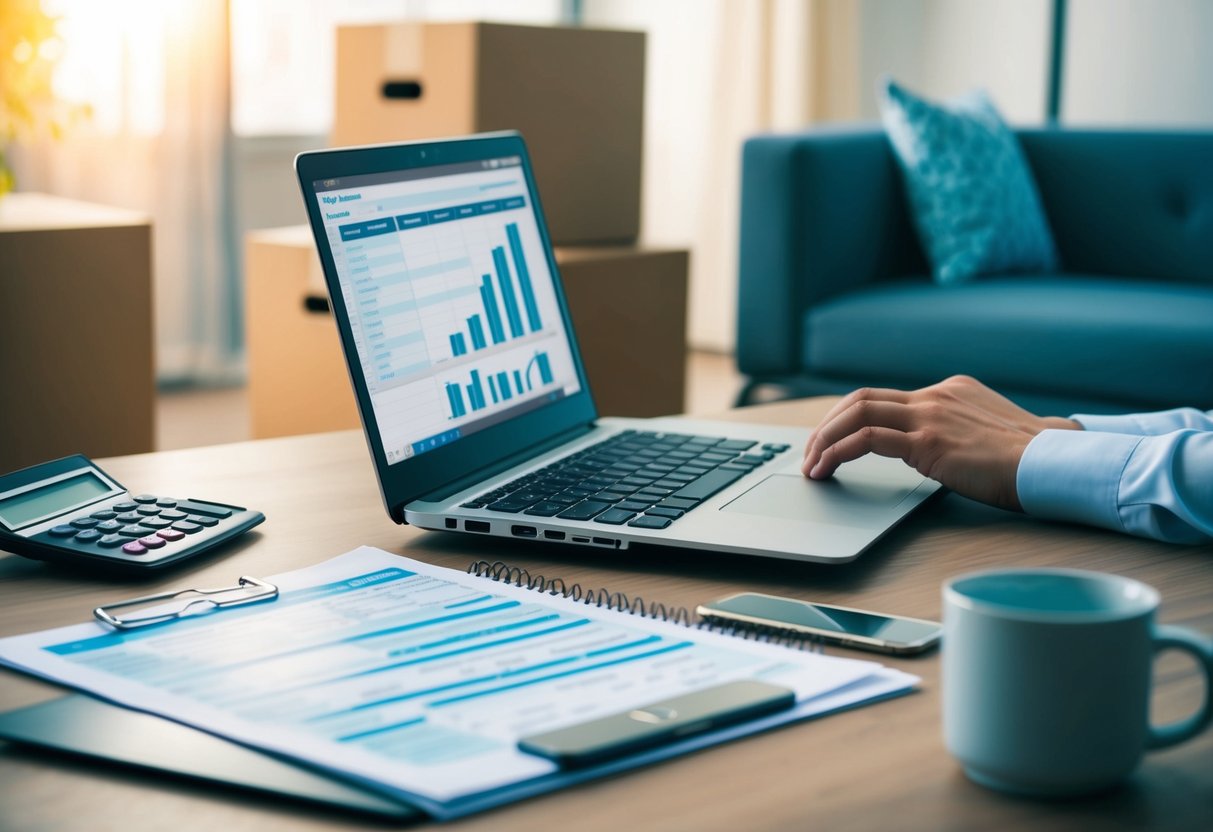 Ett skrivbord med en bärbar dator, kalkylator och budgeteringsblad. Flyttlådor och möbler i bakgrunden.