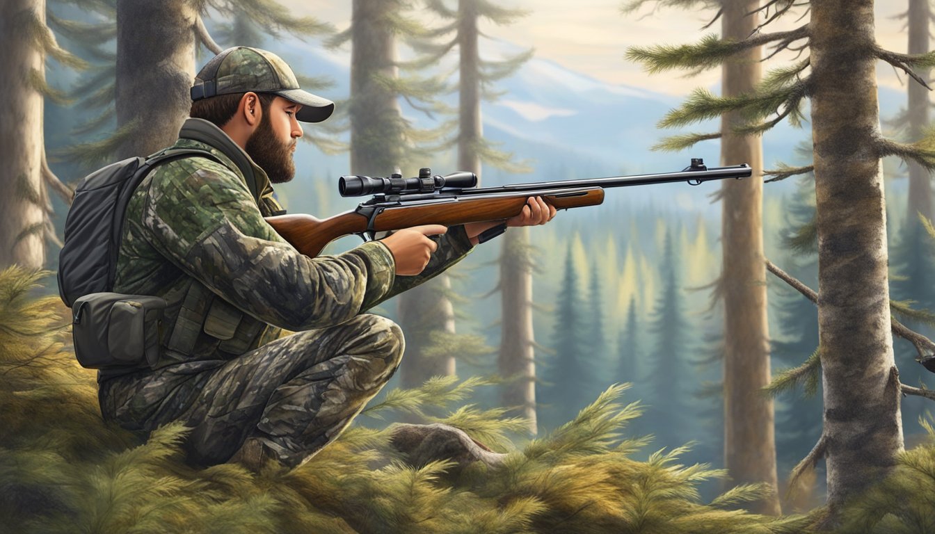 A hunter in camouflage aiming at a spruce grouse in a forest clearing during hunting season