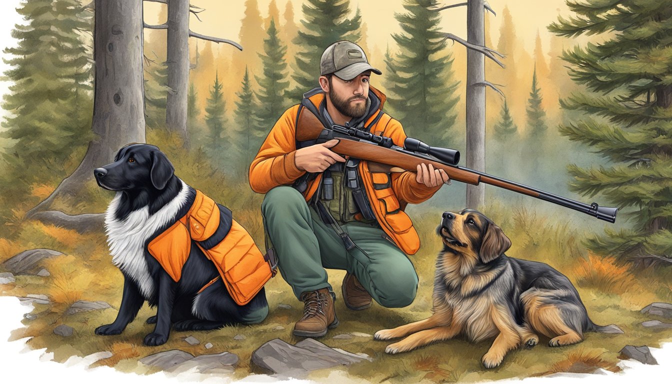 A hunter gathers gear: rifle, ammo, and orange vest, while a loyal dog eagerly awaits the upcoming spruce grouse hunting season