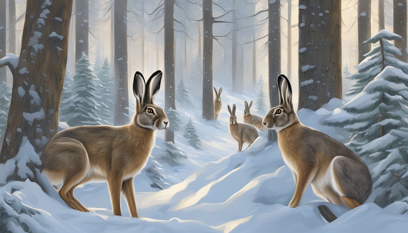 Snowshoe hares in a snowy forest, surrounded by signs displaying hunting regulations and conservation efforts