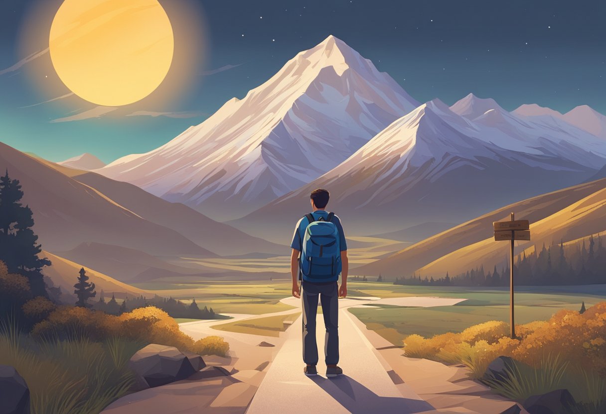 A lone figure with a backpack stands at a crossroads, surrounded by maps and guidebooks. The sun sets over a distant mountain range