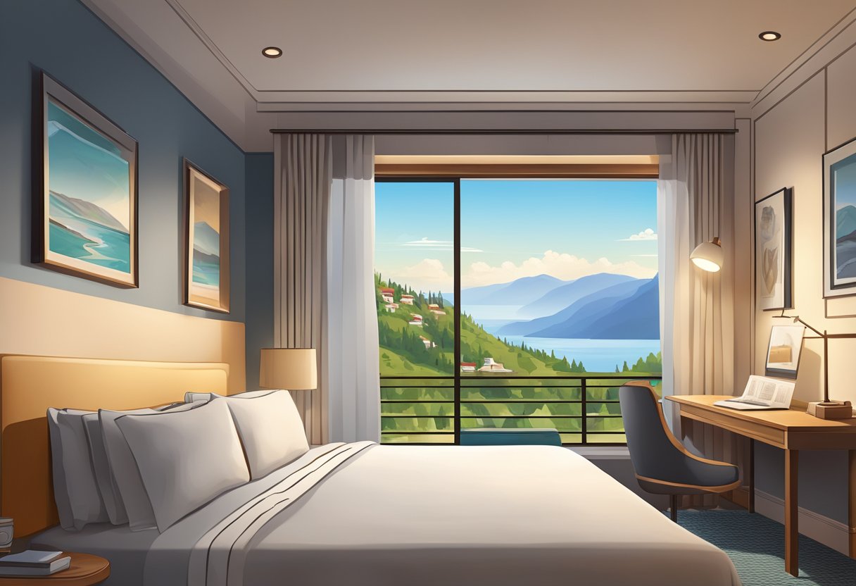 A cozy, well-lit hotel room with a neatly made bed, a desk with a travel guide, and a window overlooking a scenic view