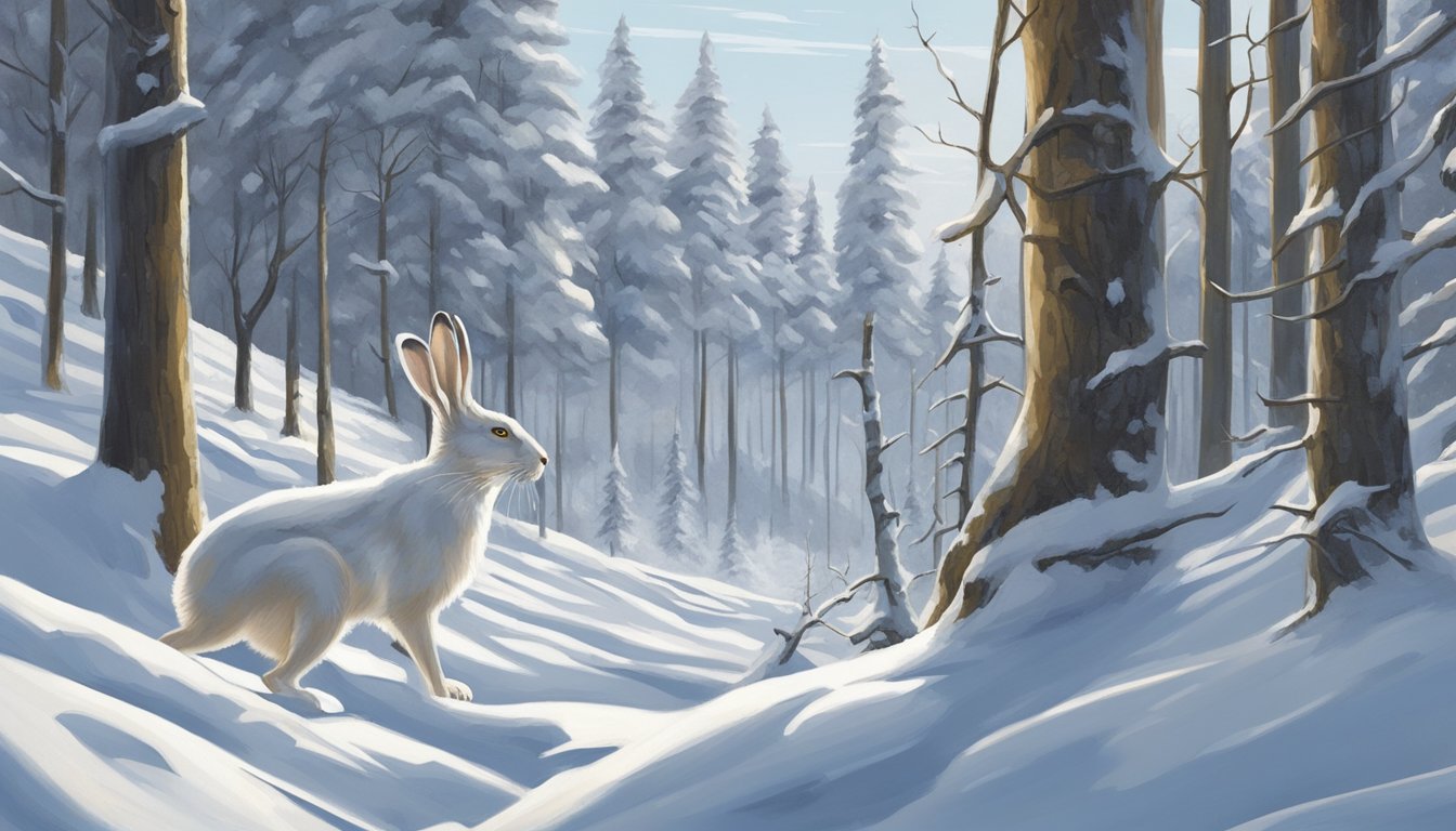 Snowshoe hares dart through a snowy forest, their white fur blending with the winter landscape. A hunter with a rifle waits patiently, scanning the trees for movement