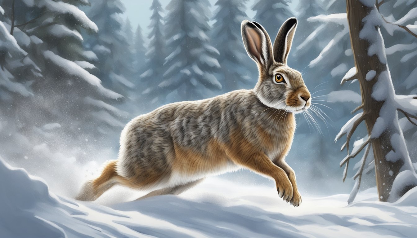 A snowshoe hare cautiously hops through a snowy forest, alert for predators during hunting season