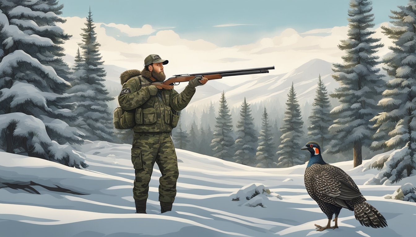 A hunter in camouflage holding a shotgun, walking through a forest of spruce trees with a spruce grouse perched on a branch