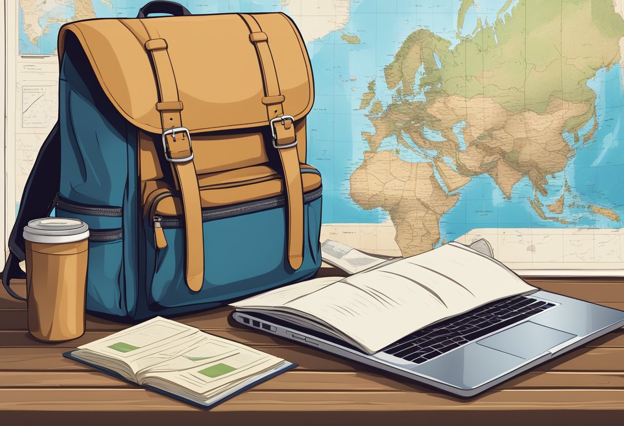 A traveler's backpack, map, and passport on a rustic wooden table, surrounded by travel guides and a laptop with a list of itinerary details