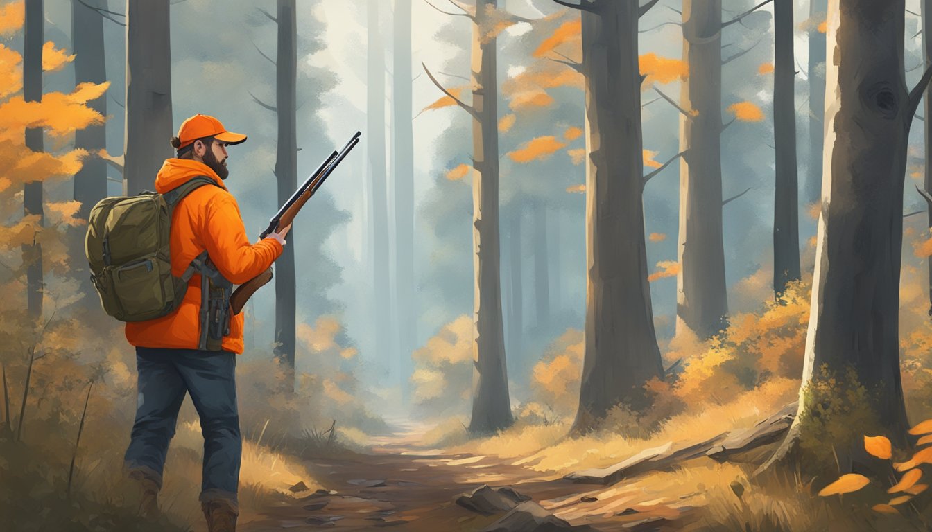 A hunter carrying a shotgun and wearing bright orange clothing walks through the woods, carefully scanning the trees for squirrels