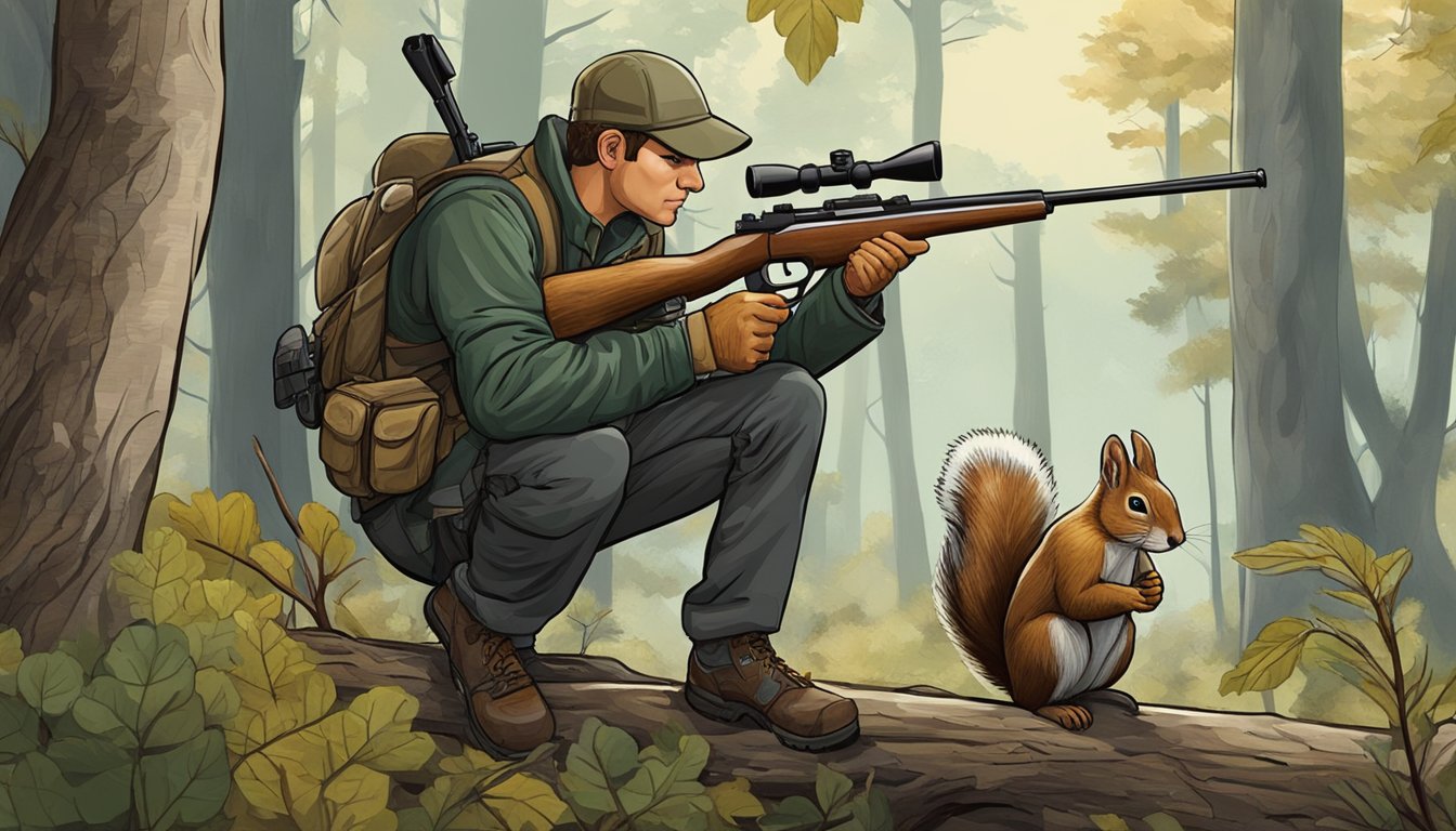 A hunter crouching in the woods, rifle in hand, with a squirrel perched on a tree branch in the background