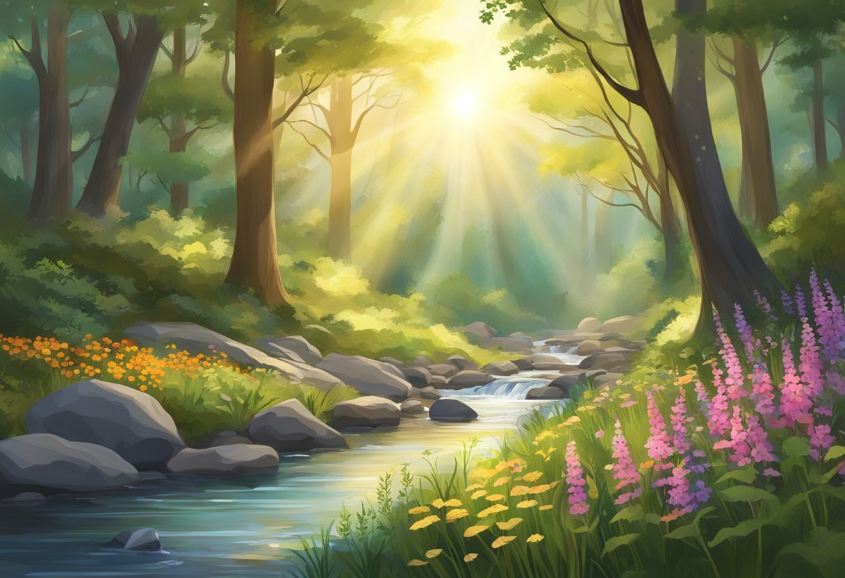 A serene forest with sunlight filtering through the trees, a peaceful stream, and colorful wildflowers blooming