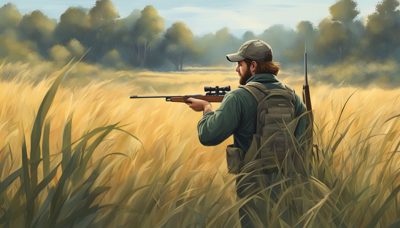 A hunter stalking through a field, rifle in hand, eyes scanning for elusive varmints amidst the tall grass and brush