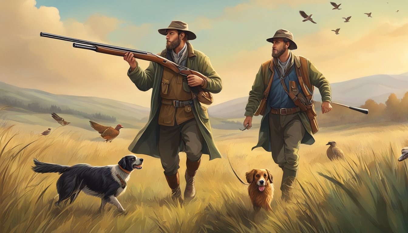 A hunter with a shotgun walking through a grassy field with a dog, while quails and pheasants fly in the distance