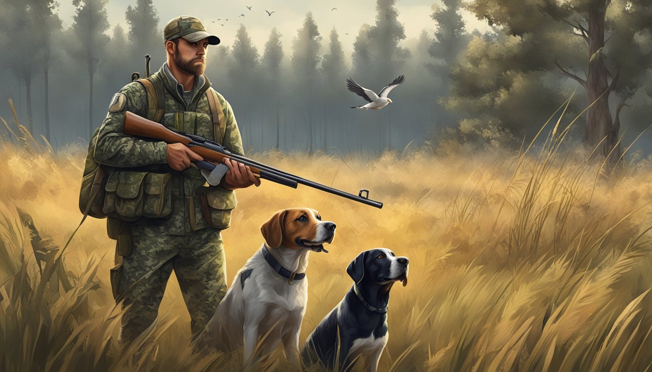 A hunter in camouflage gear holding a shotgun stands in a field with tall grass and trees, while a bird dog eagerly sniffs the ground