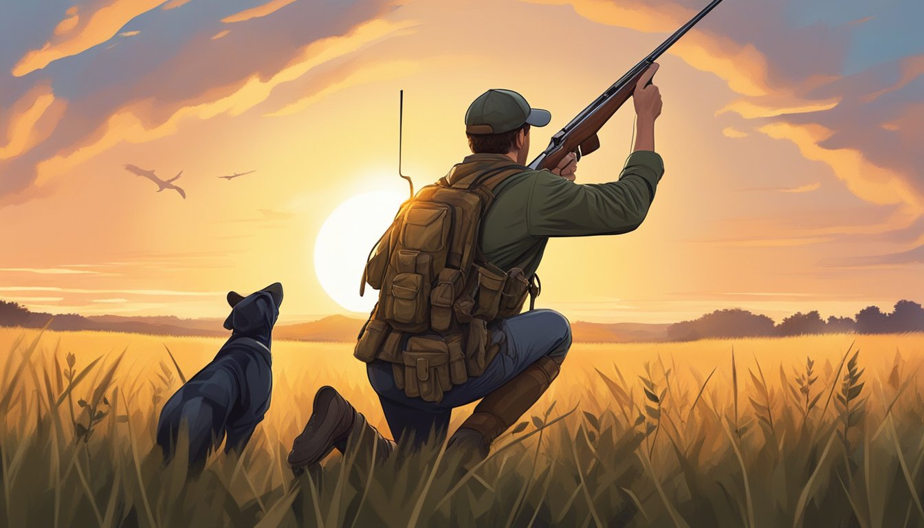 A hunter aiming at a small animal in a field at sunset