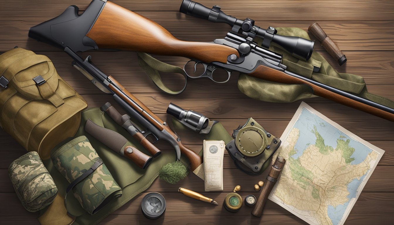 A hunter's gear laid out on a wooden table, including a shotgun, ammunition, camouflage clothing, and a map of the hunting area