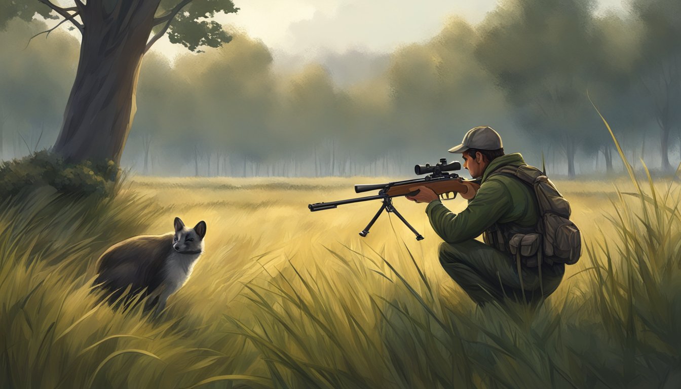 A hunter crouches in tall grass, aiming at a small animal. Trees and shrubs surround the open field. The sky is overcast