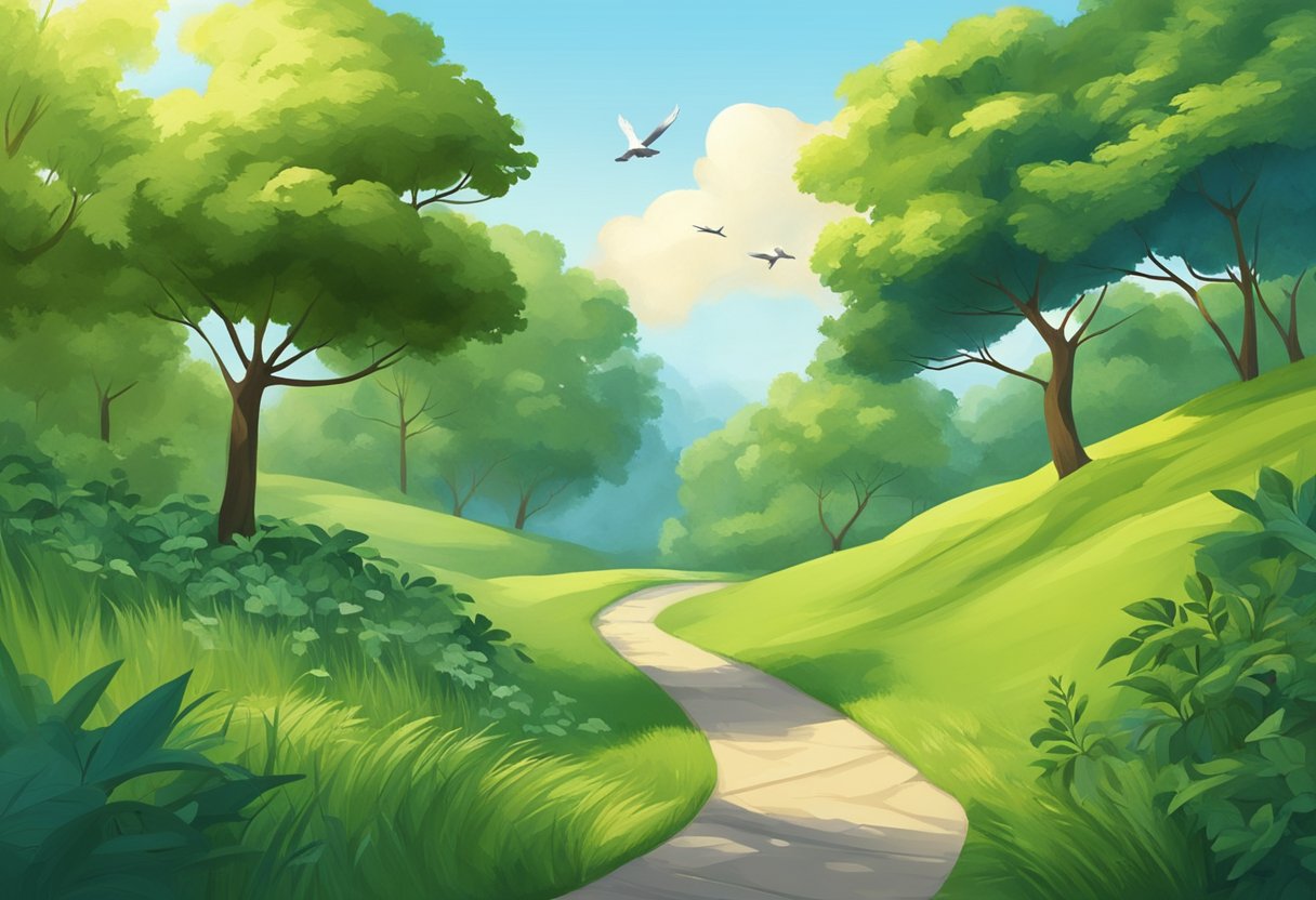 A serene nature scene with a winding path leading through lush greenery, with a clear blue sky and birds flying overhead