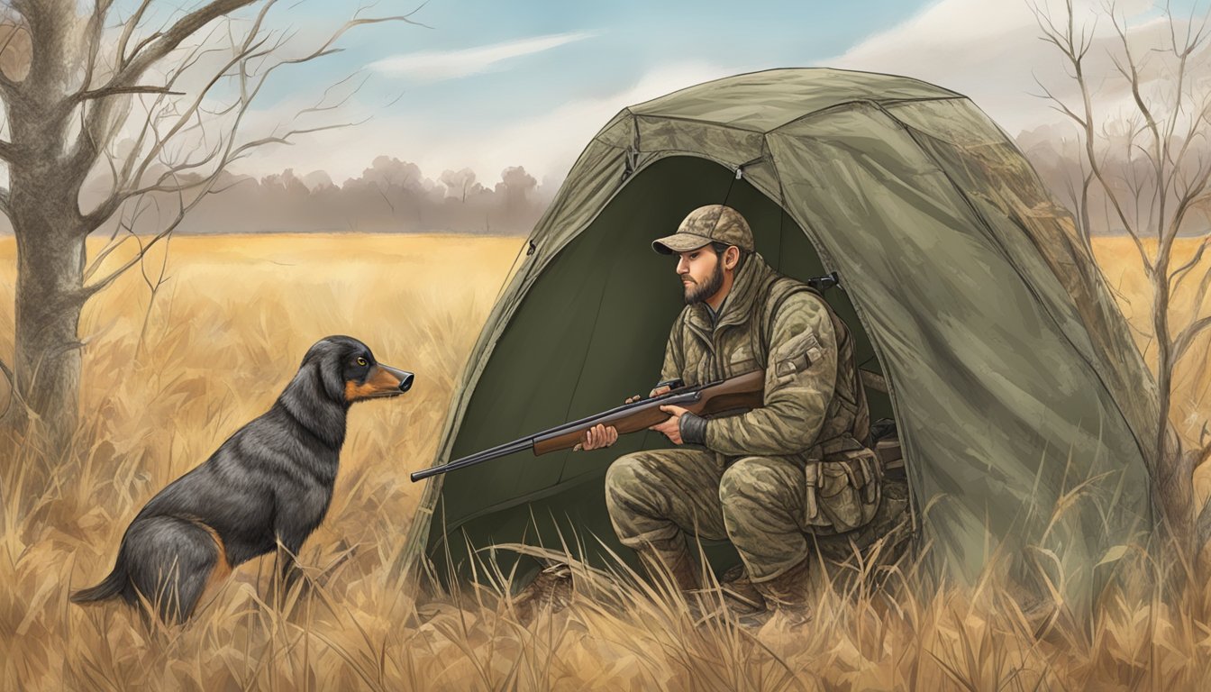 A hunter setting up a camouflage blind near a field with decoys and a call, waiting for varmints to approach