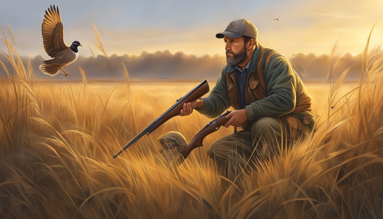 A hunter crouches behind tall grass, shotgun at the ready, as a covey of quail takes flight in the golden light of dawn