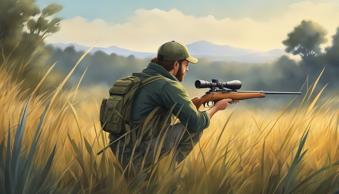 A hunter stalking through tall grass, rifle at the ready, scanning the horizon for elusive varmints during hunting season