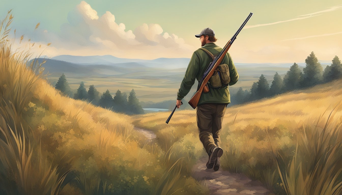 A hunter walking through a hilly landscape with a shotgun, surrounded by tall grass and scattered bushes