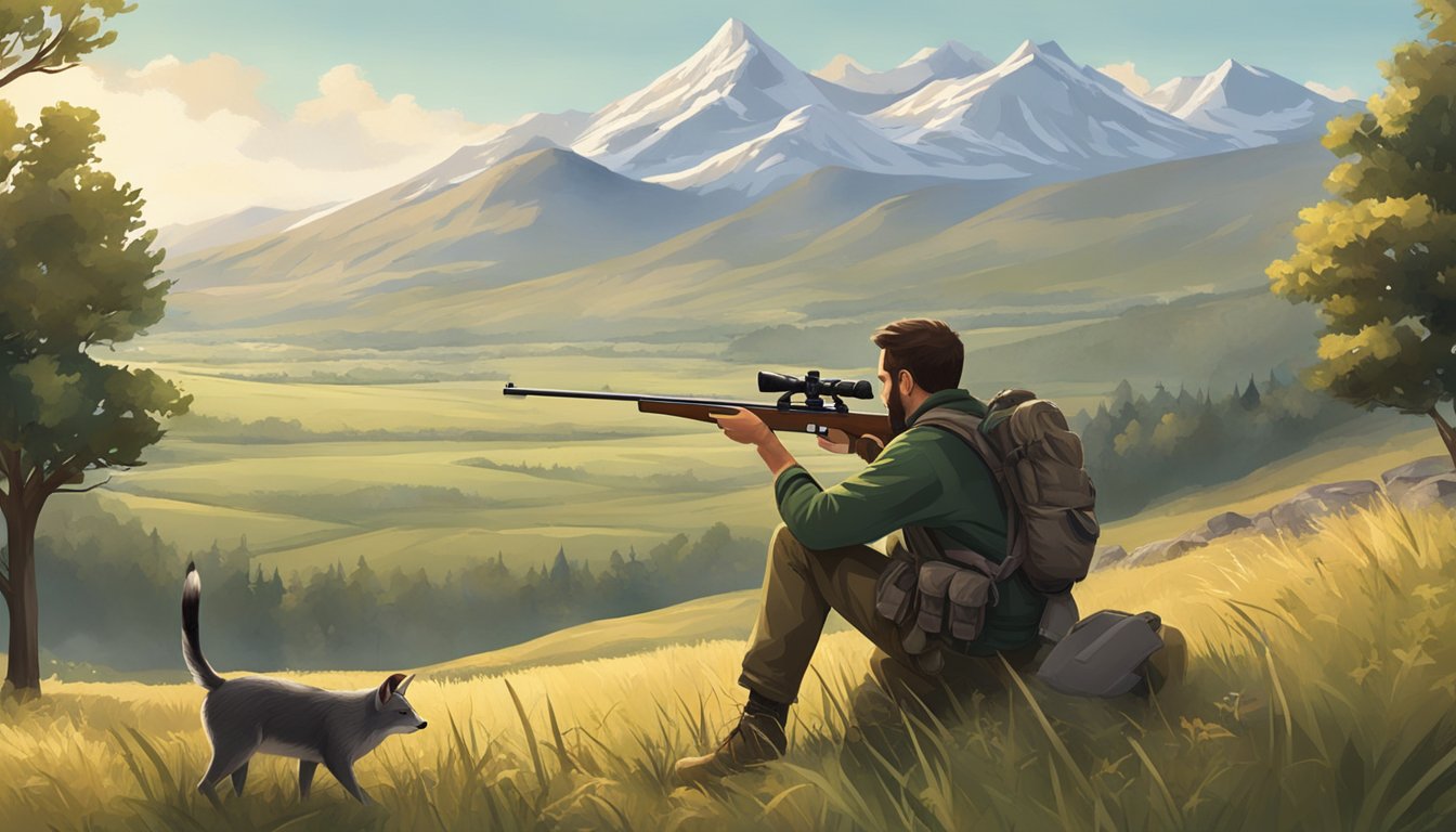 A hunter crouches in a field, aiming at a small animal. Trees and bushes surround the area, with a distant mountain in the background