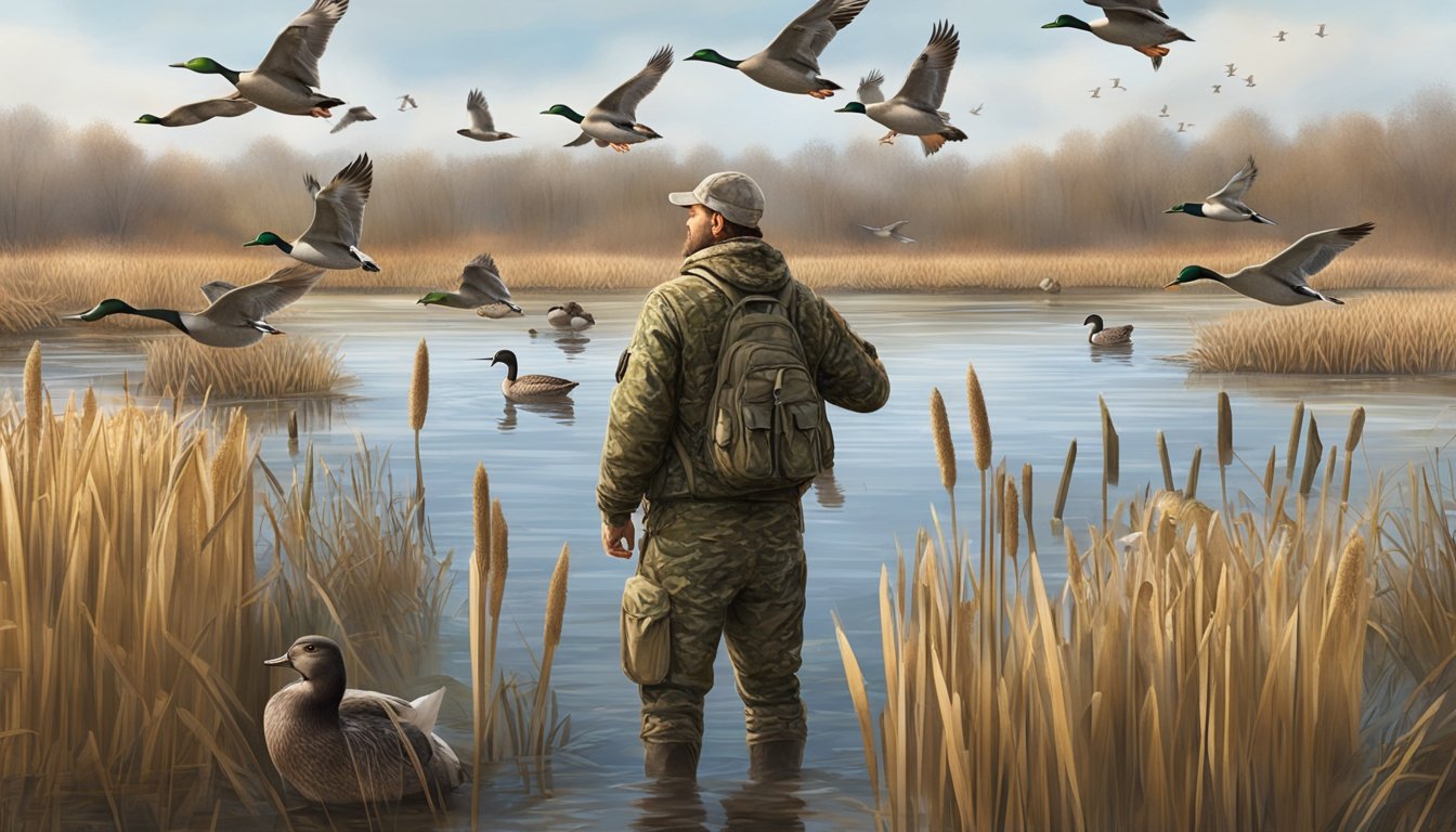 A duck hunter in camouflage waits in a marsh, surrounded by cattails and waterfowl decoys, as a flock of ducks flies overhead