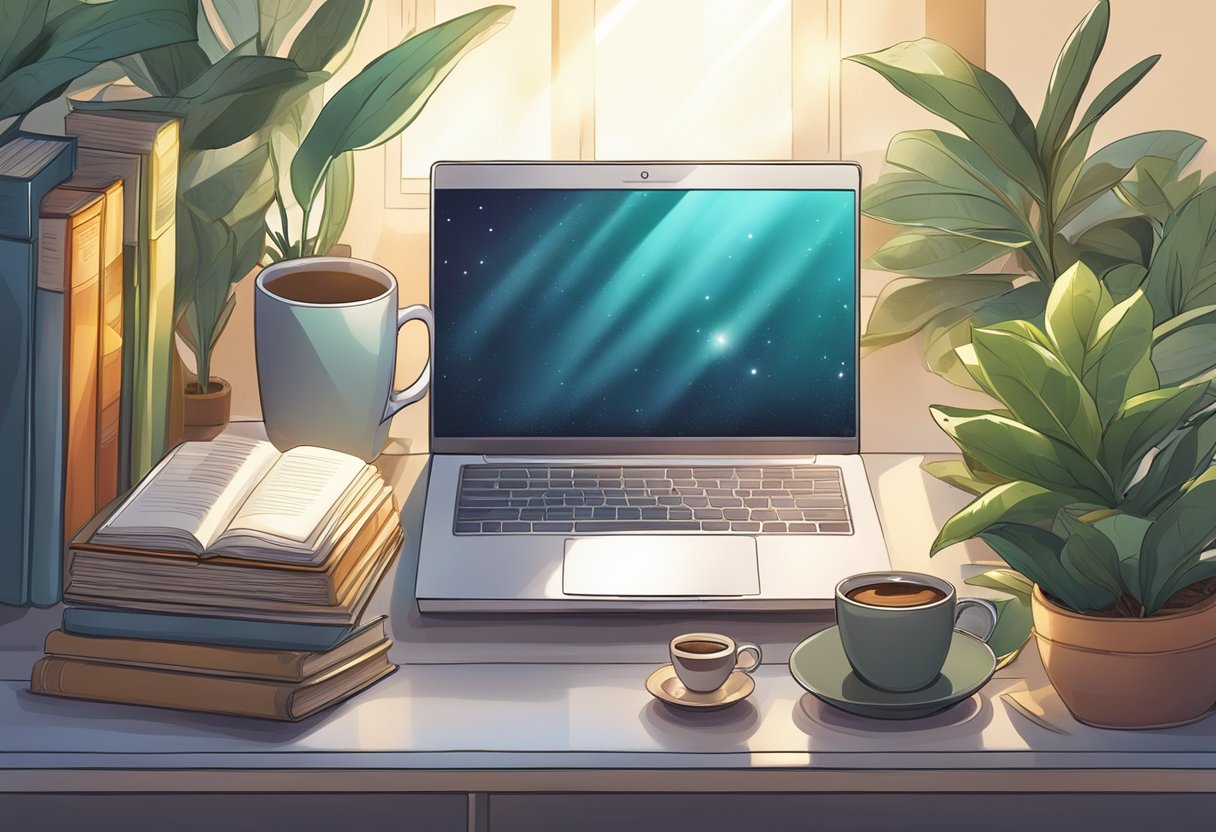 A laptop surrounded by books, plants, and a cup of coffee, with a beam of light shining on the screen