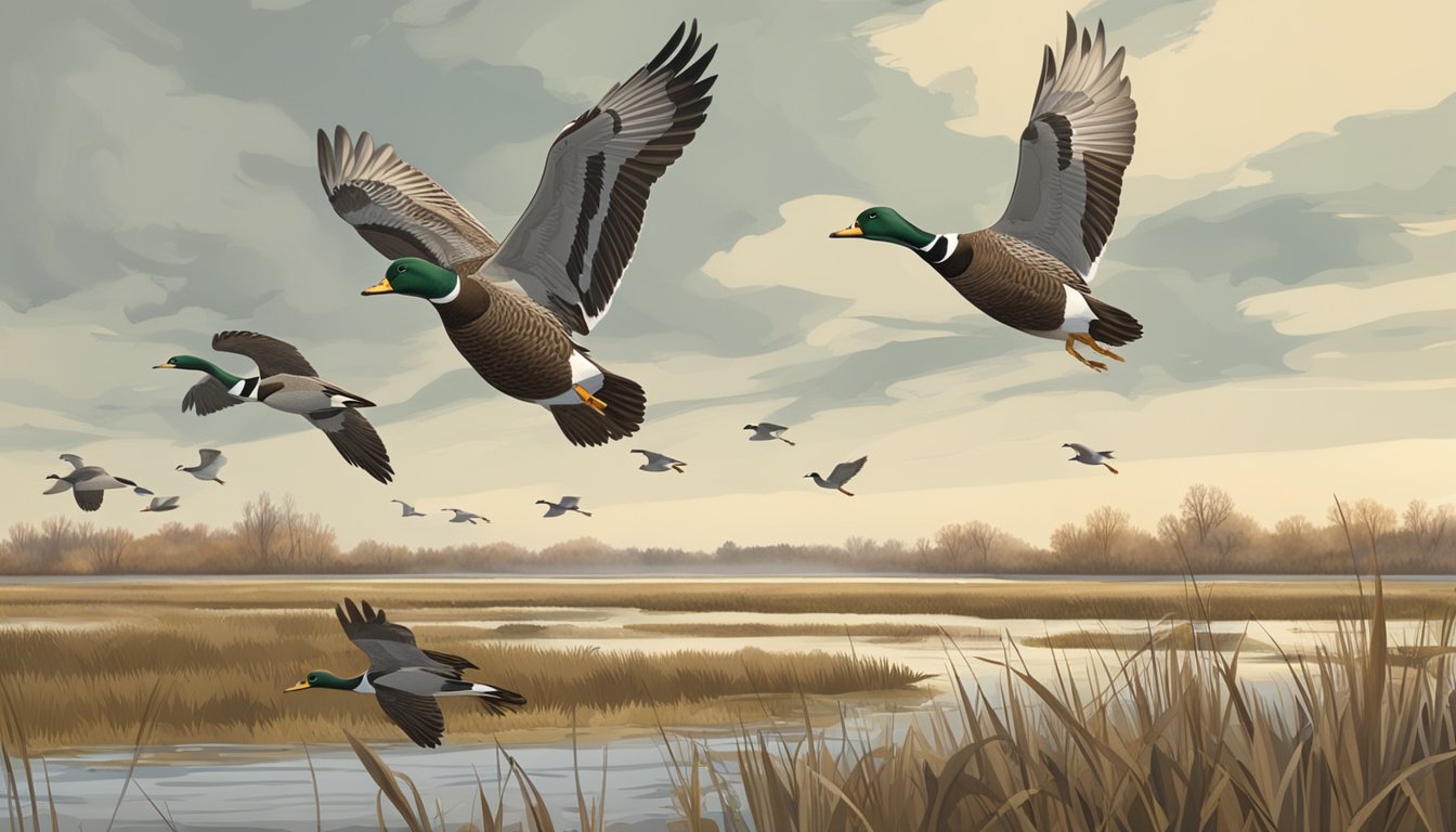 A flock of waterfowl flying over a marshy wetland, with hunters in camouflage waiting in blinds along the shore